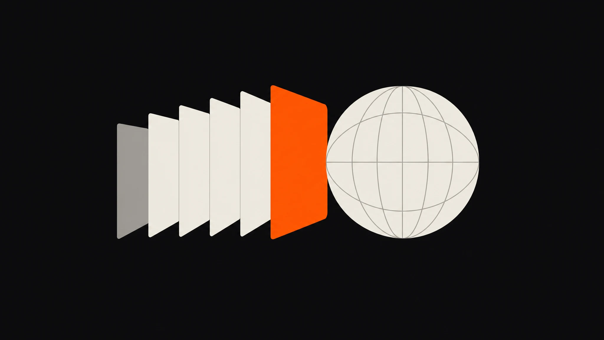 Fanned ivory browser-tab rectangles opening toward a large ivory circle with flat latitude arcs, the leading tab solid orange, on a charcoal ground
